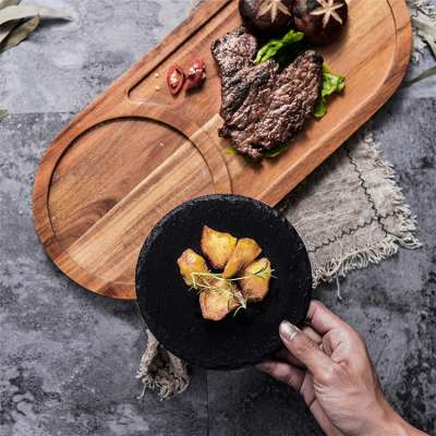 Oval square wooden tray hotel sushi pizza plate wooden steak board with black stone plate