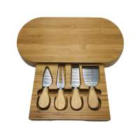 Multifunctional 34cm Eco Friendly Natural Custom Logo Kitchen Bamboo Cheese Board Set With cutlery in drawer